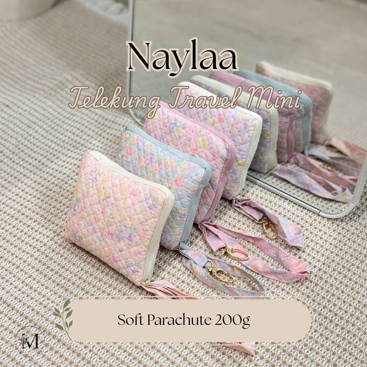 NAYLAA Telekung Travel Mini Pouch Square 2in1 Pastel Floral Pattern Prayer Set 200g