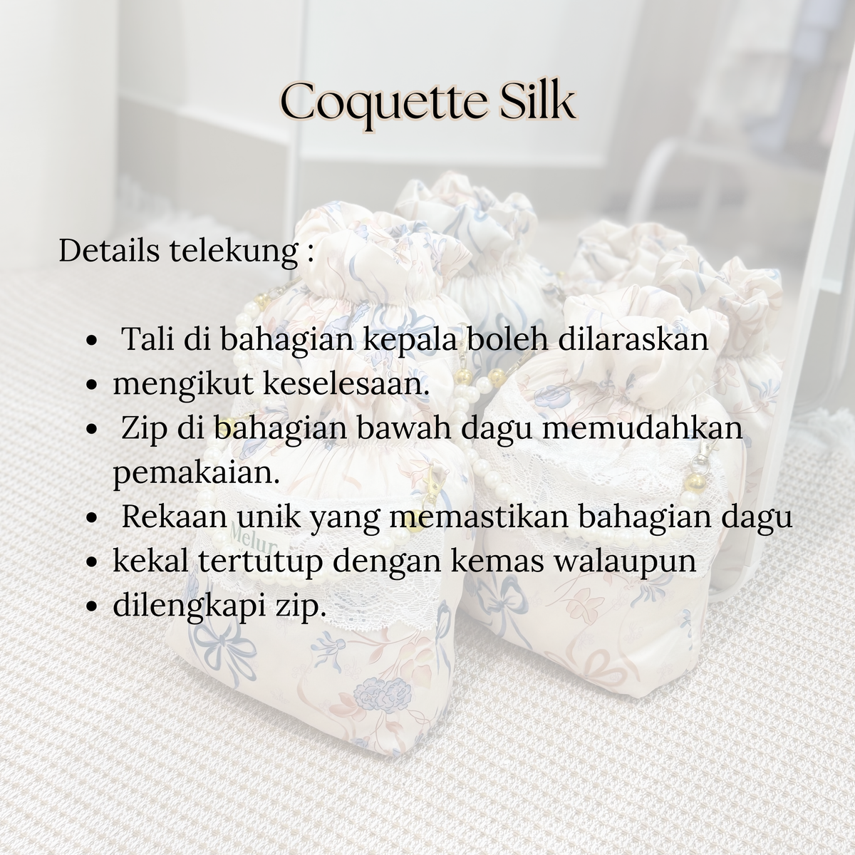 COQUETTE Telekung Travel Silk Lace with Pouch 2in1 Prayer Set Ribbon Pearl Collection 600g