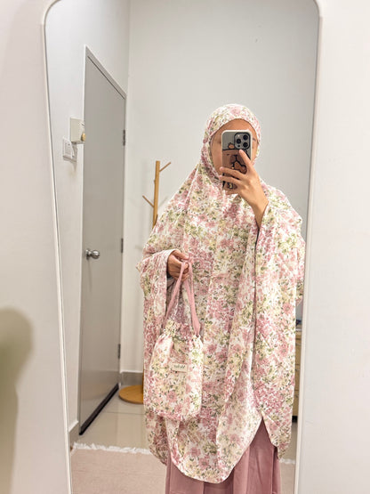 BUNGAA Telekung Travel Prayer Set Cotton Rayon Flower Pattern 600g