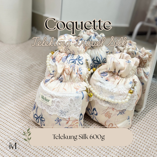 COQUETTE Telekung Travel Silk Lace with Pouch 2in1 Prayer Set Ribbon Pearl Collection 600g