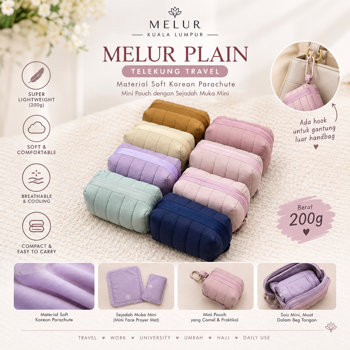 MELUR PLAIN Telekung Travel Mini Pouch 2in1 Prayer Set Mini 200g