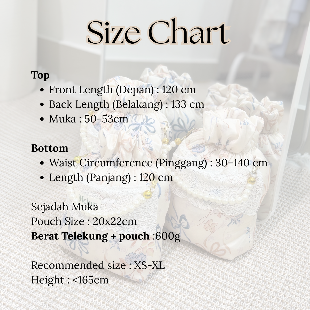 COQUETTE Telekung Travel Silk Lace with Pouch 2in1 Prayer Set Ribbon Pearl Collection 600g