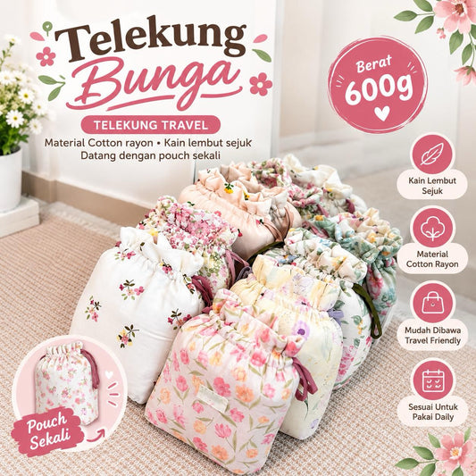 BUNGAA Telekung Travel Prayer Set Cotton Rayon Flower Pattern 600g